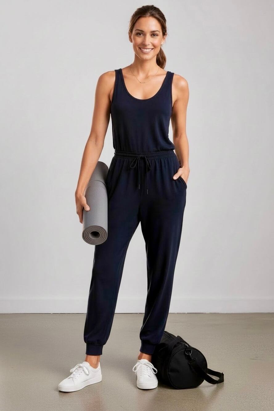 Athleta Women’s Balance Coaster Luxe Jumpsuit Scoop-Neck Black Size S NWT